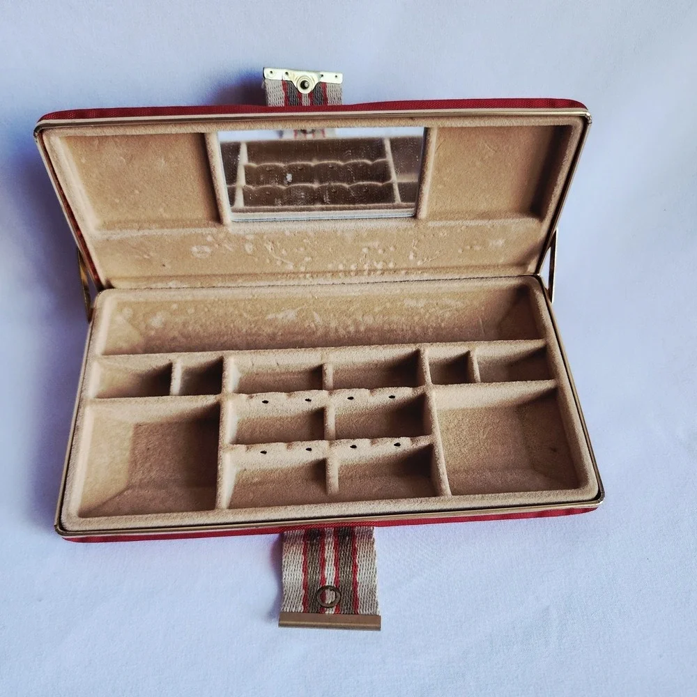 Vintage MCM Red Jewelry Box Travel Case Mirror 1960s Retro Canvas Organiser Mod